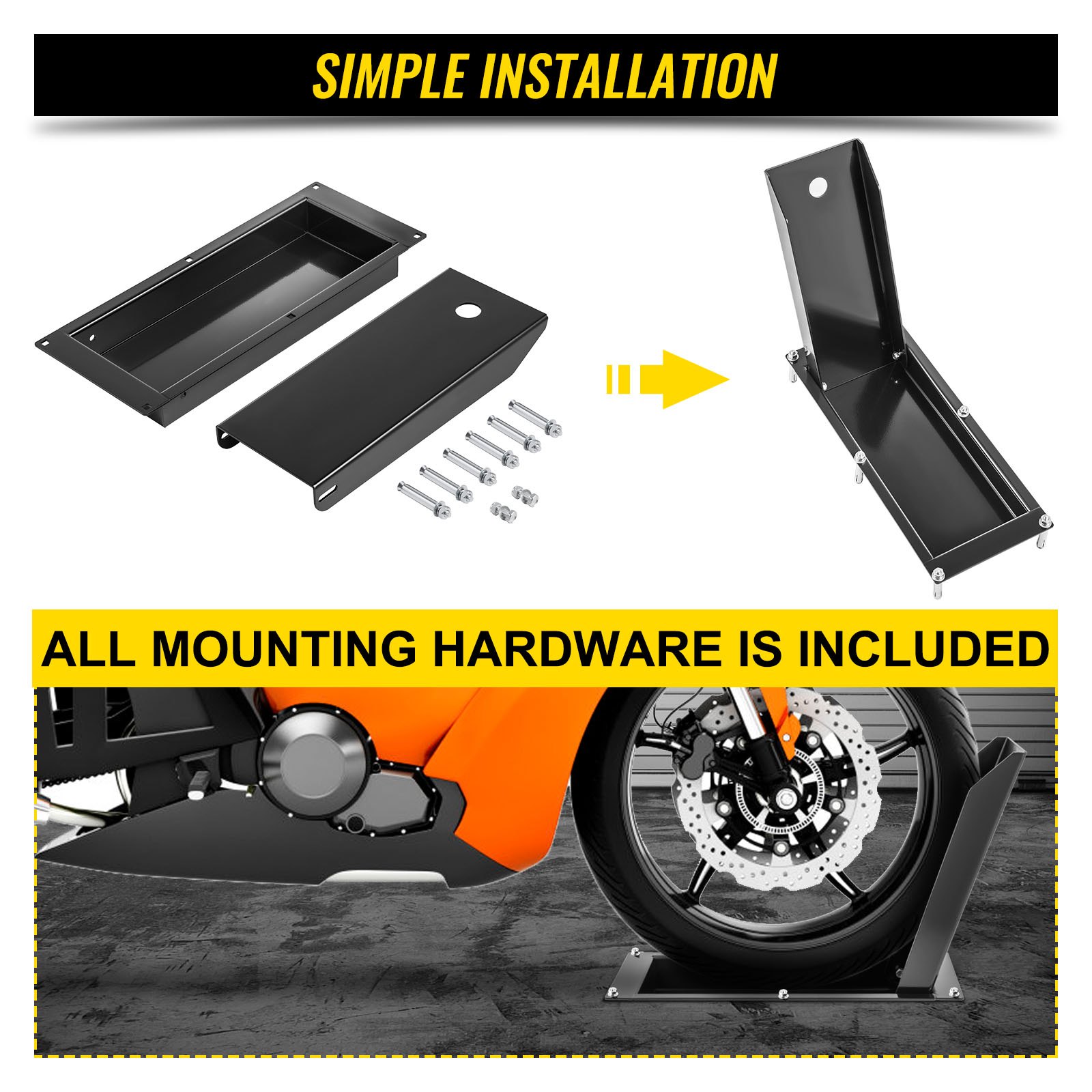 VEVOR - Calzo delantero empotrado para rueda de motocicleta, soporte de rueda resistente de 1500 libras, para ruedas de 24 pulgadas, soporte de remolque de acero de alta calidad, con diseño de ahorro de espacio y agujeros preperforados (grande-24 pulgadas)