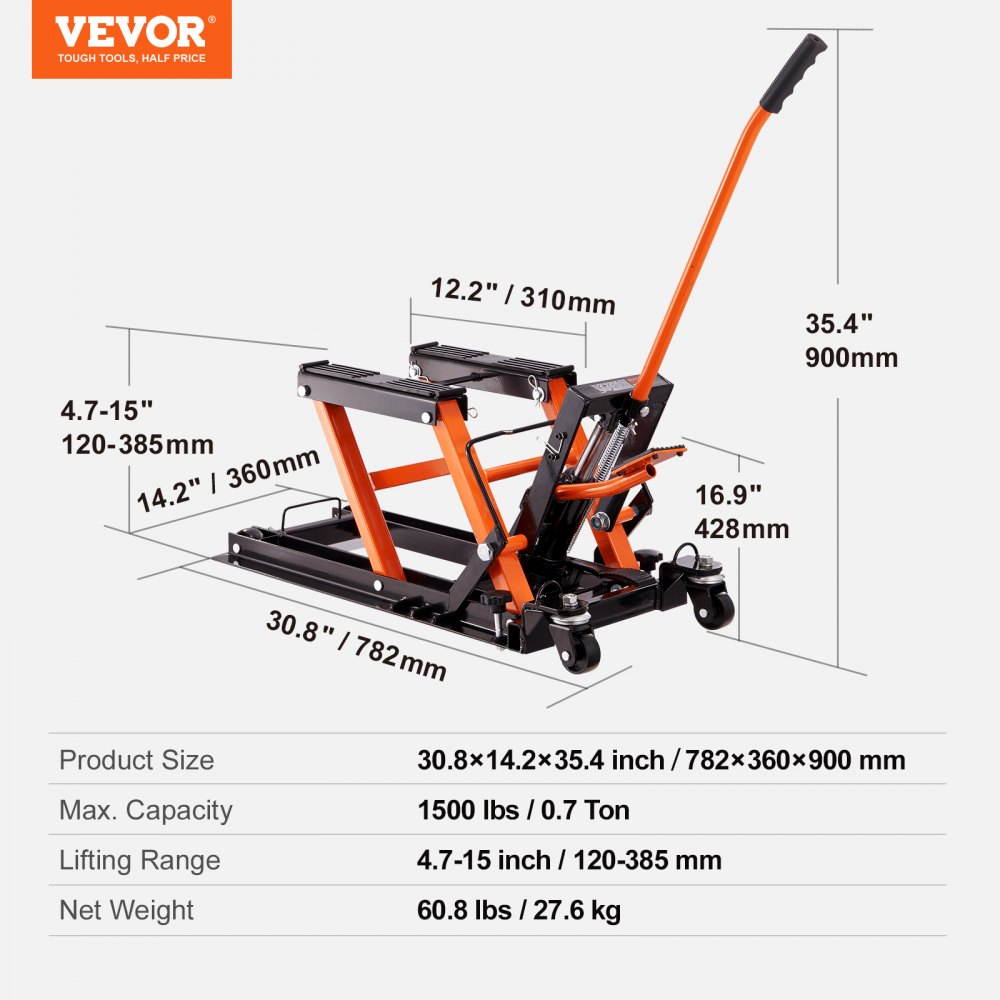Soporte de gato para motocicleta VEVOR con rango de elevación de 4,7 a 15 pulgadas, capacidad máxima de 1500 libras y especificaciones de tamaño del producto.