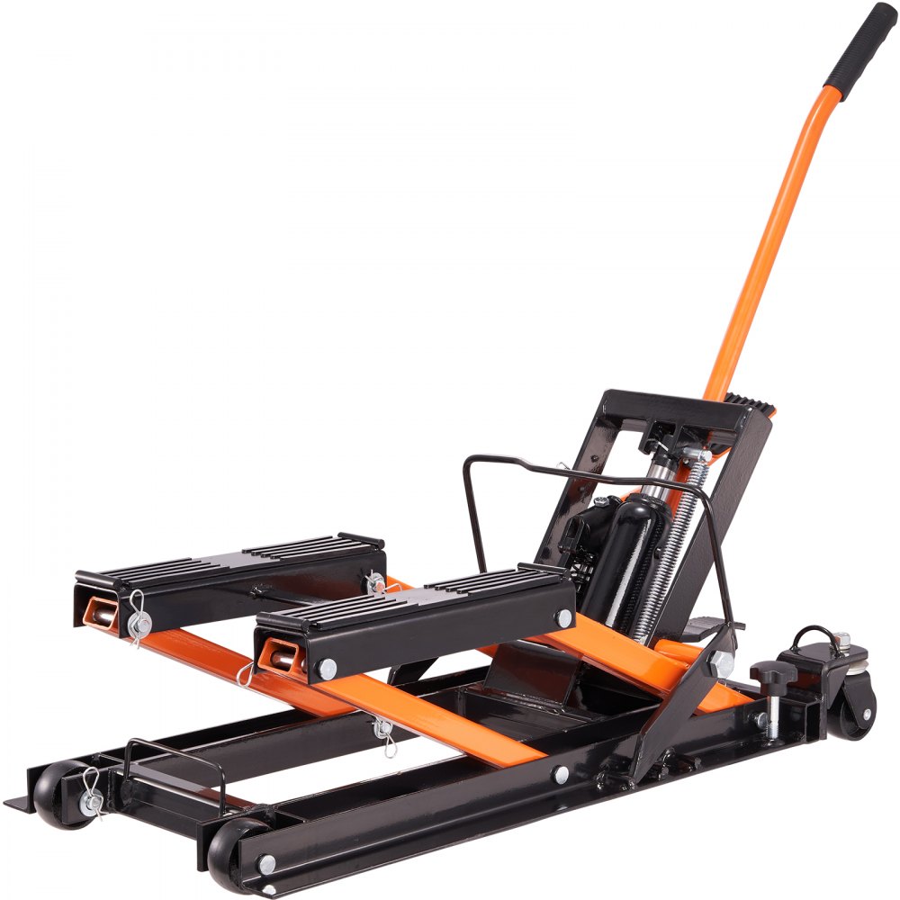 Vibrante soporte de gato para motocicleta VEVOR con mango hidráulico naranja y agarre de goma negro.