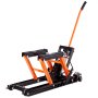 Soporte de gato para motocicleta VEVOR con marco naranja, plataforma negra y mango largo sobre fondo blanco.