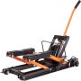 Vibrante soporte de gato para motocicleta VEVOR con mango hidráulico naranja y agarre de goma negro.