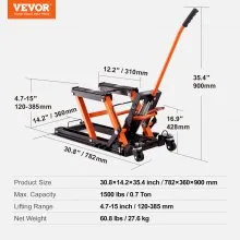 VEVOR Soporte hidráulico de acero para gato de motocicleta, gato elevador de tijera ATV de 1500 libras, soporte de gato elevador de tijera de 4,7 a 15 pulgadas con 4 ruedas, soporte de elevación hidráulico accionado por pie para motocicleta ATV UTV Powersports