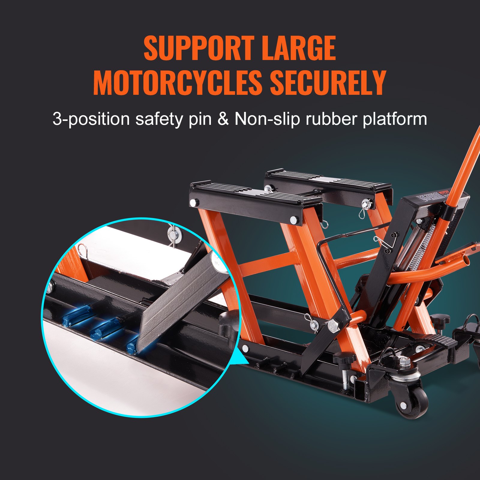 Soporte de gato para motocicleta VEVOR con pasador de seguridad de 3 posiciones y plataforma de goma antideslizante para un soporte seguro.