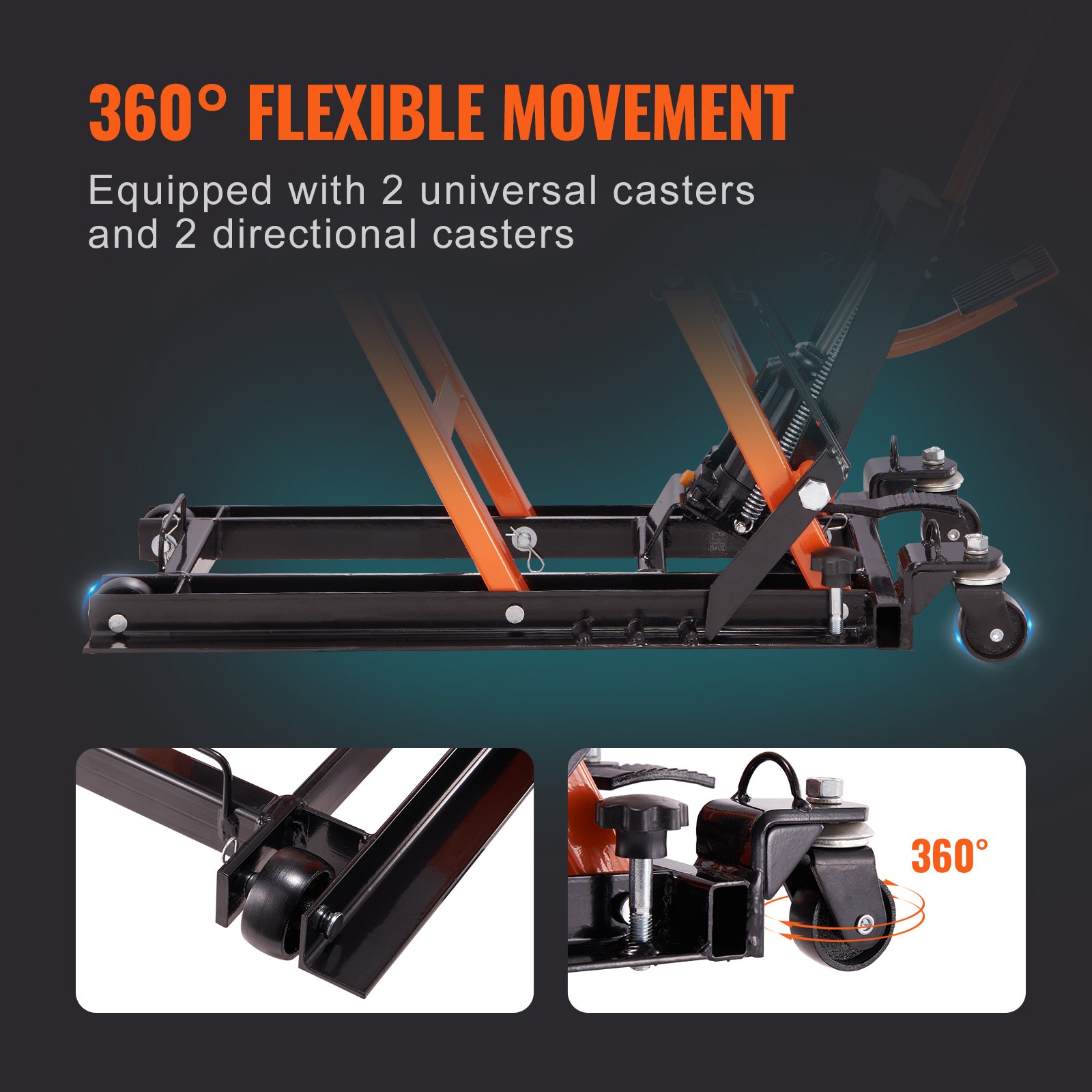 Soporte de gato para motocicleta VEVOR con movimiento flexible de 360 grados, dos ruedas universales y dos ruedas direccionales.