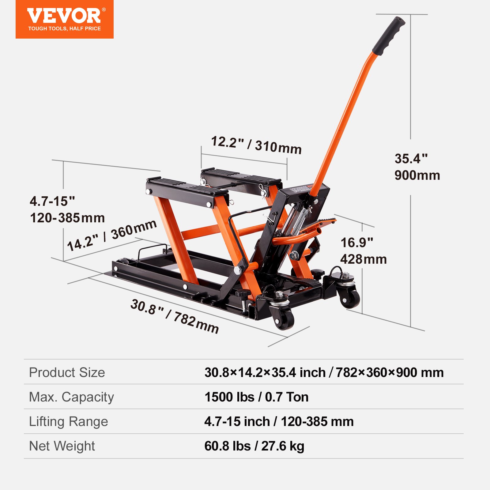 Soporte de gato para motocicleta VEVOR con rango de elevación de 4,7 a 15 pulgadas, capacidad máxima de 1500 libras y especificaciones de tamaño del producto.