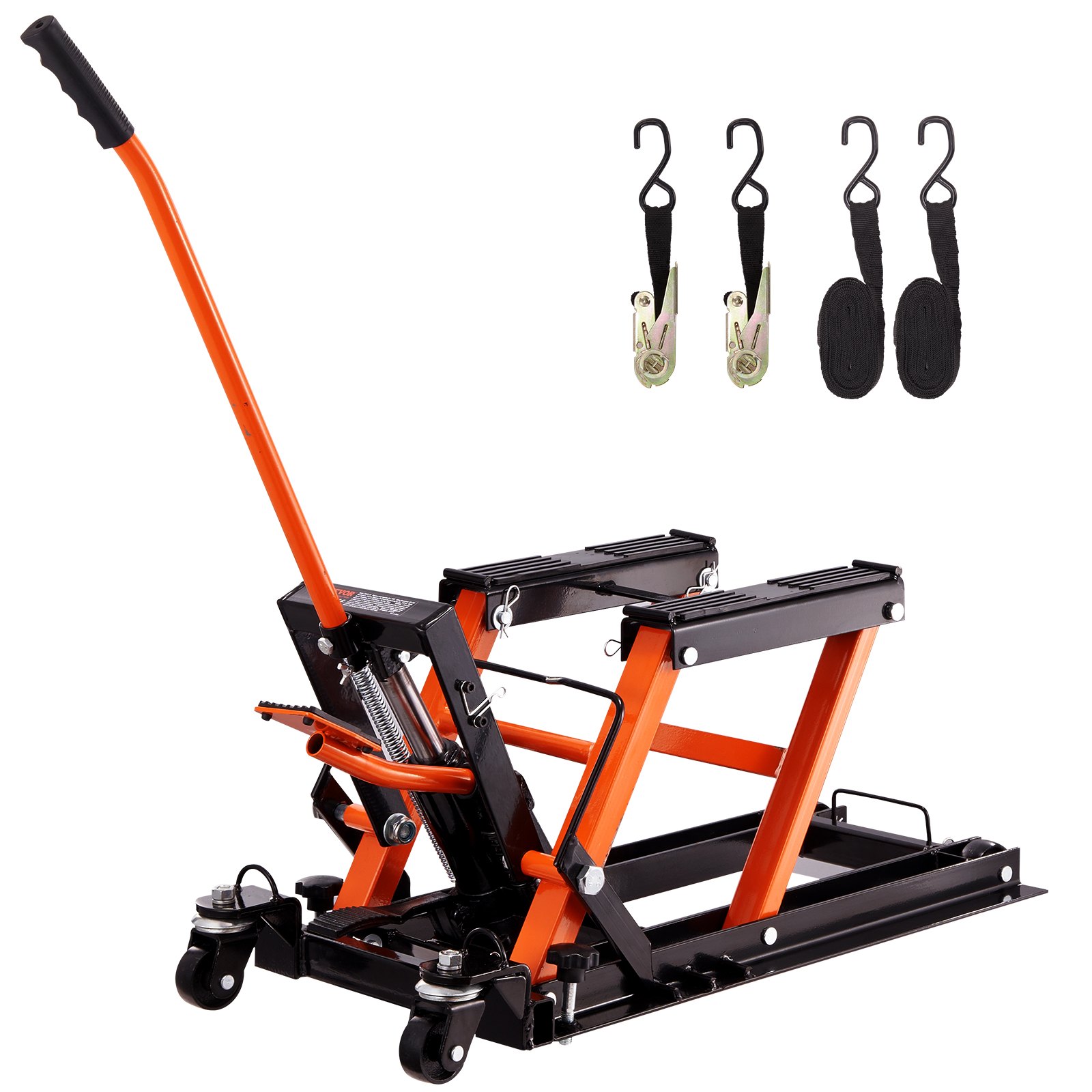 Soporte de gato para motocicleta VEVOR con mango naranja y base negra, más tres correas de amarre.