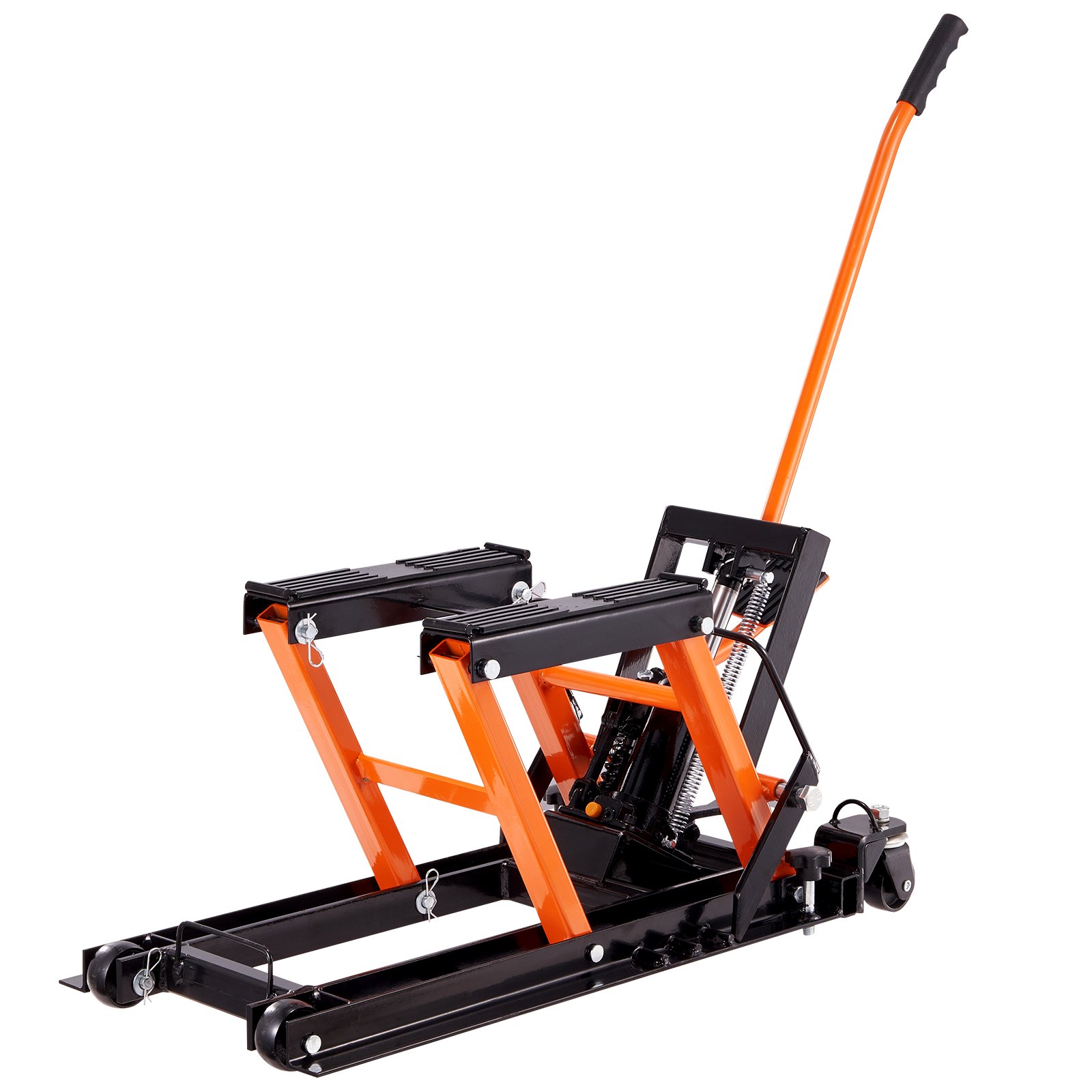 Soporte de gato para motocicleta VEVOR con marco naranja, plataforma negra y mango largo sobre fondo blanco.