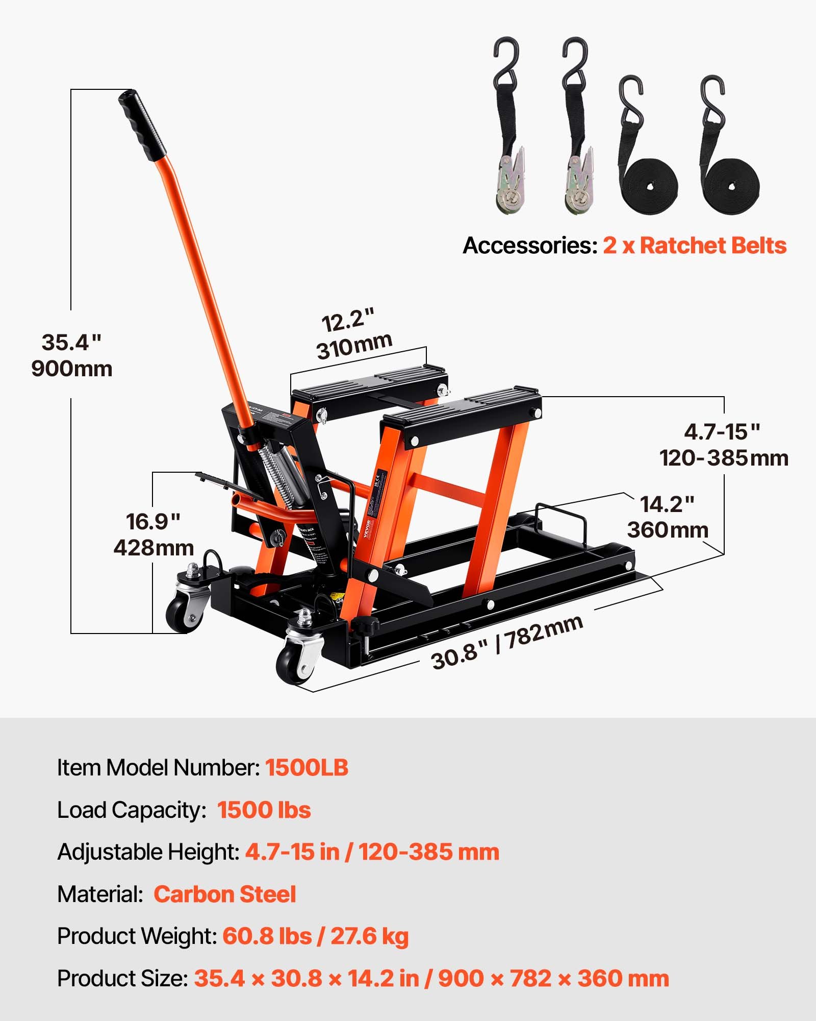 Gato hidráulico de acero VEVOR para motocicleta, 680 kg, para ATV, de tijera, de 11,9 a 38 cm con 4 ruedas, con pedal hidráulico para motocicletas, ATV, UTV y deportes de motor.
