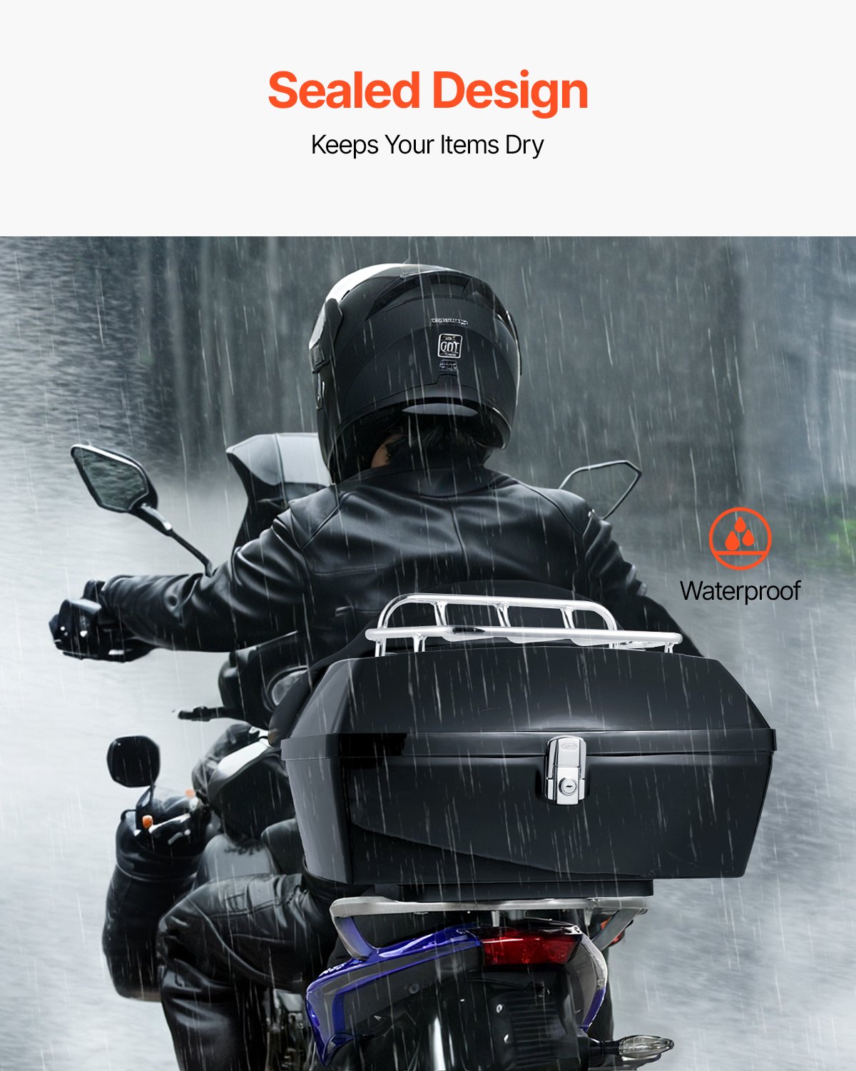 Baúl superior para motocicleta VEVOR, universal, duradero, de material PP, con panel reflectante, baúl superior impermeable de 48 l, desmontable, con base multiorificios, compatible con el 99 % de los chasis de motocicleta.