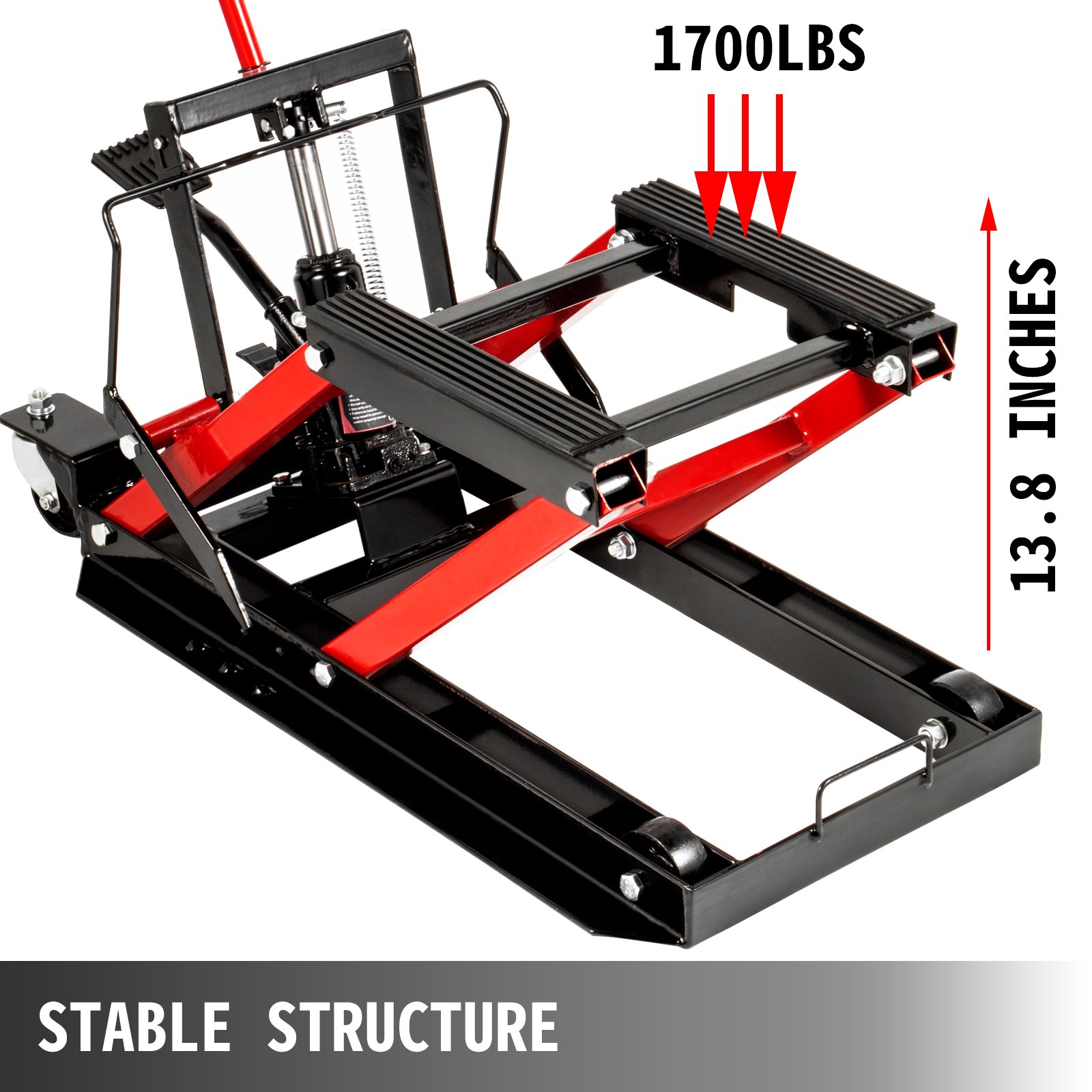 Gato hidráulico de tijera para motocicleta VEVOR con capacidad de carga de 1700 libras, mesa elevadora portátil para motocicleta, gato elevador ajustable para motocicleta, soporte de elevación para motocicleta imprescindible en el garaje (1700 libras, negro y rojo)