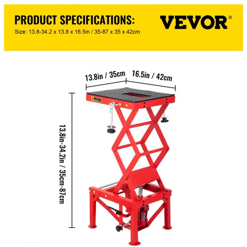 Mesa elevadora hidráulica para motocicleta VEVOR 300LBS, mesa elevadora de tijera roja con correas de sujeción, soporte elevador ajustable para motocicleta