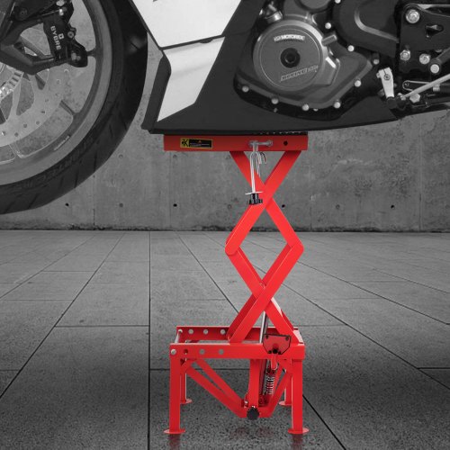 Mesa elevadora hidráulica para motocicleta VEVOR 300LBS, mesa elevadora de tijera roja con correas de sujeción, soporte elevador ajustable para motocicleta