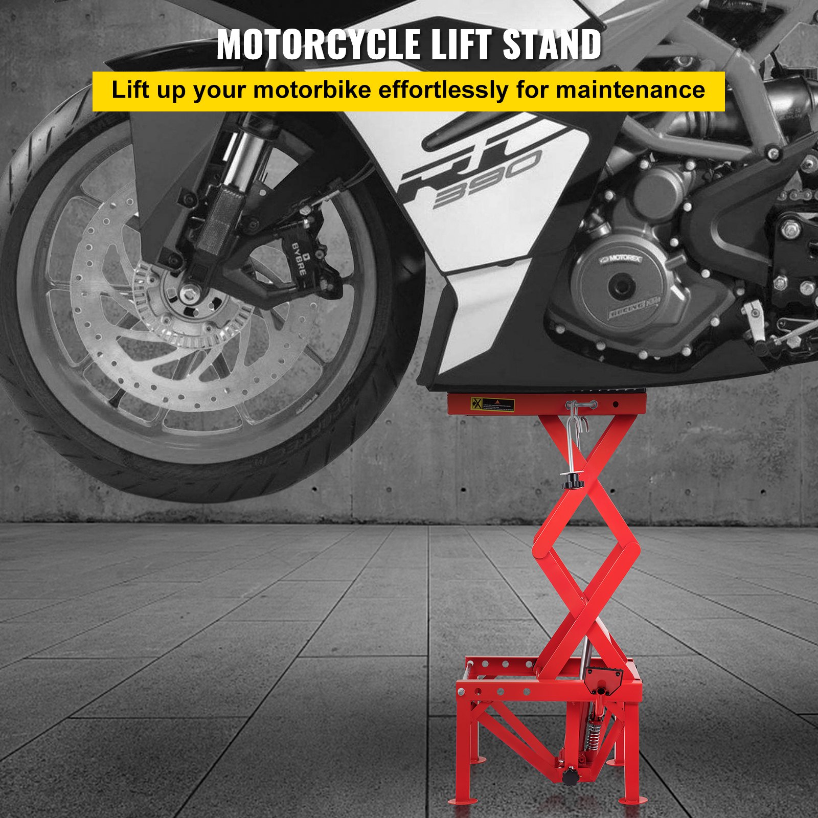 Mesa elevadora hidráulica para motocicleta VEVOR 300LBS, mesa elevadora de tijera roja con correas de sujeción, soporte elevador ajustable para motocicleta