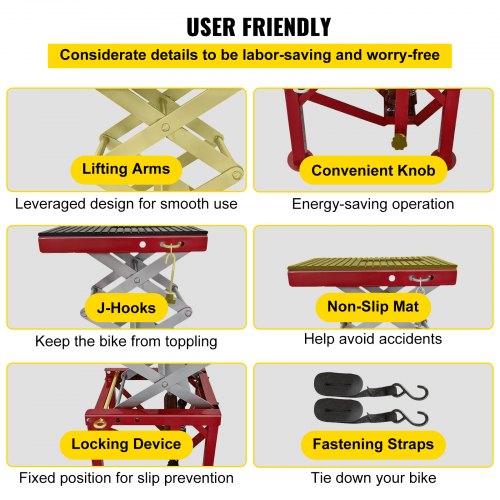 VEVOR Gato para motocicleta, gato hidráulico de tijera para motocicleta con capacidad de carga de 300 libras, mesa elevadora portátil, gato elevador ajustable para motocicleta, soporte elevador rojo para motocicleta