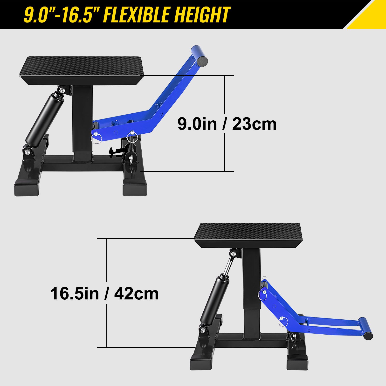 VEVOR Soporte de elevación para motocicleta, soporte de reparación de elevación de motocicleta resistente de 400 libras, soporte de elevación de acero ajustable de 9.0 a 16.5 pulgadas, soporte de mesa de mantenimiento para bicicleta de suciedad, soporte de elevación de altura de gato negro/azul