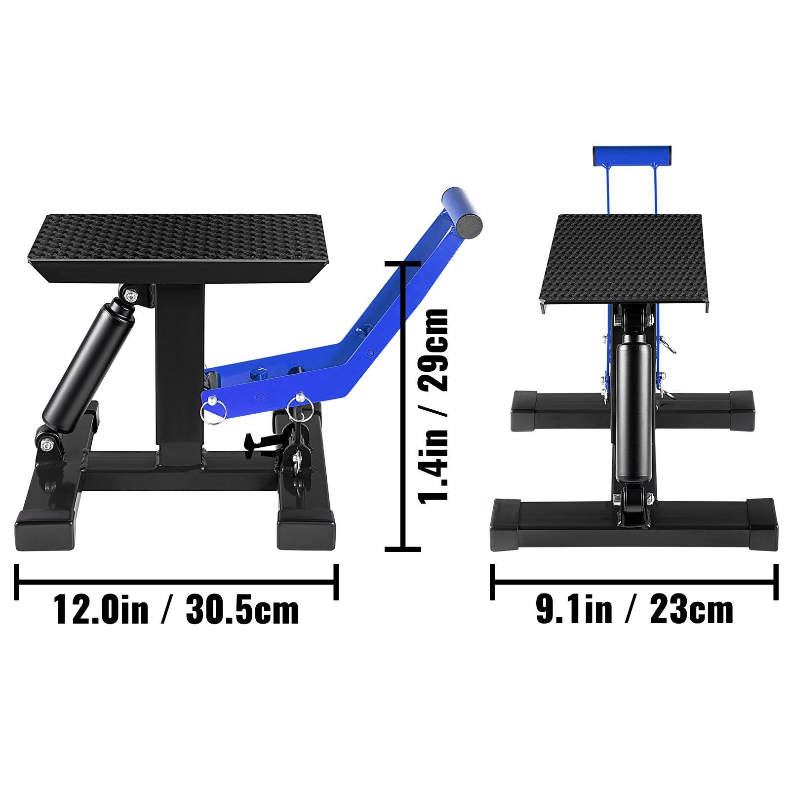 VEVOR Soporte de elevación para motocicleta, soporte de reparación de elevación de motocicleta resistente de 400 libras, soporte de elevación de acero ajustable de 9.0 a 16.5 pulgadas, soporte de mesa de mantenimiento para bicicleta de suciedad, soporte de elevación de altura de gato negro/azul