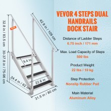 VEVOR Escalera de muelle de 4 escalones, escaleras de muelle de 30 a 38 pulgadas de altura ajustable, capacidad de carga de 500 libras, escalera de pontón de aluminio con pasamanos dobles y alfombrill