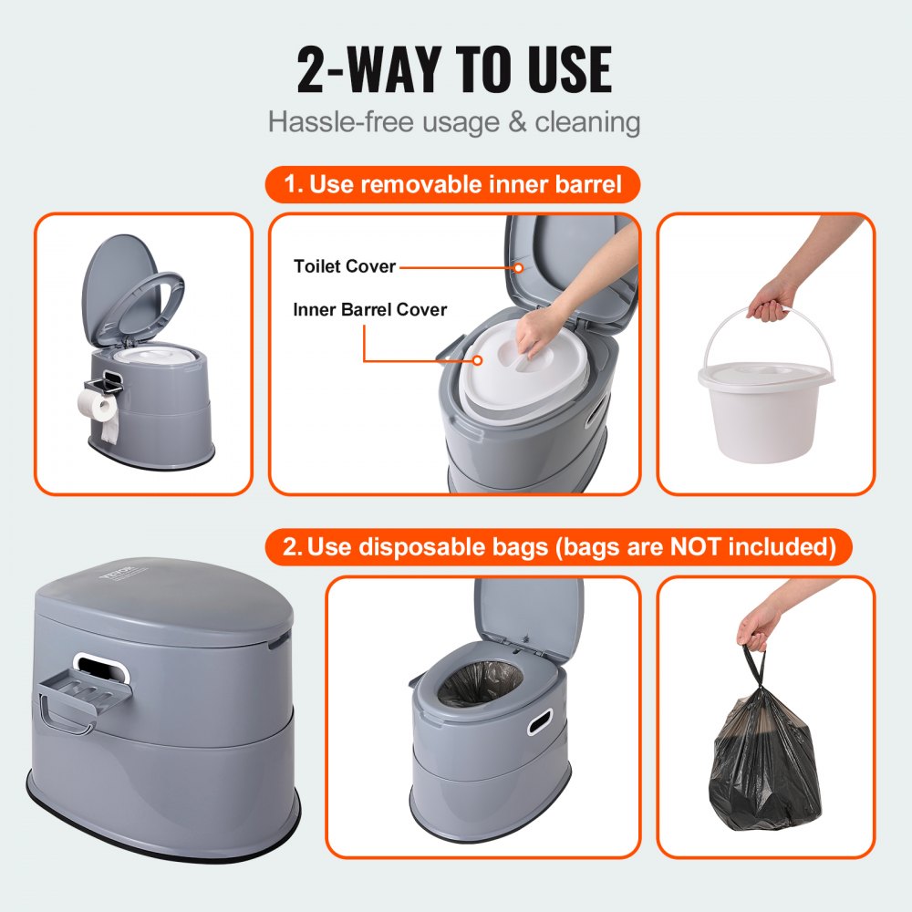 Inodoro portátil VEVOR de uso versátil: barril interior extraíble o bolsas desechables para una fácil limpieza.