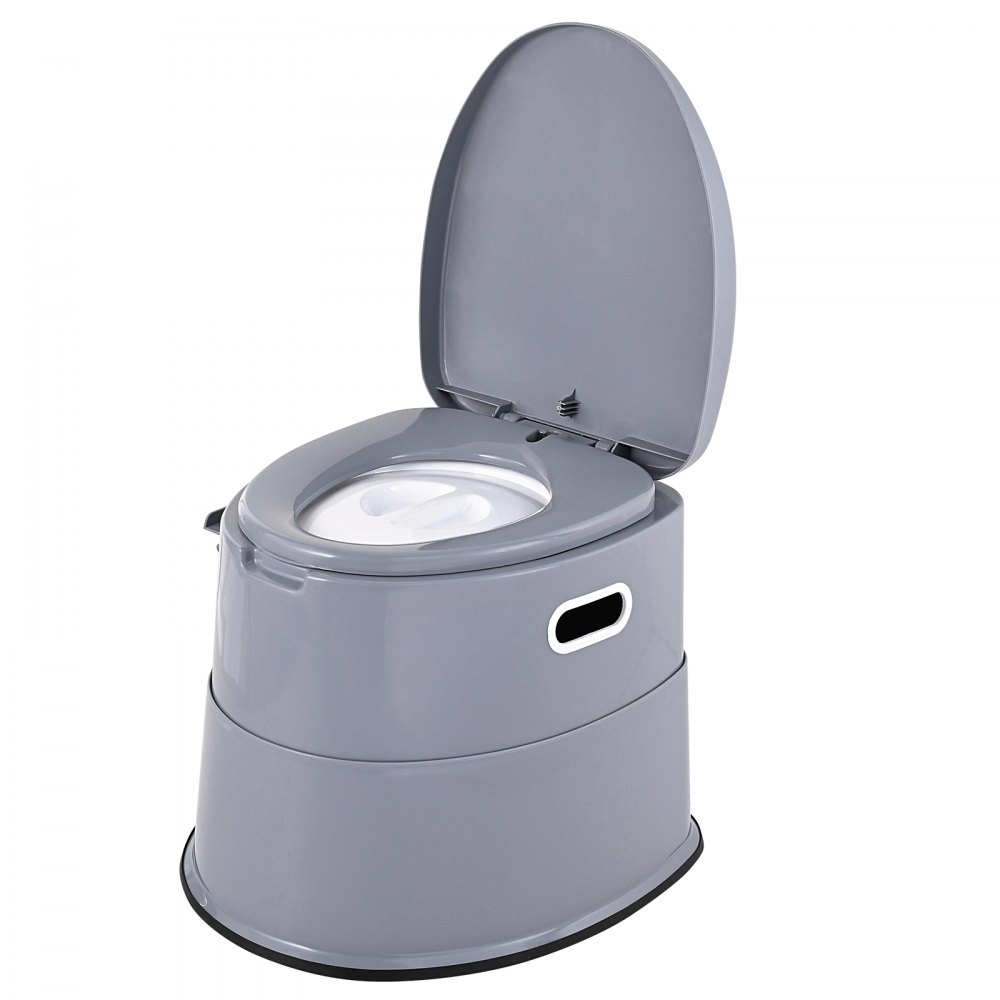Inodoro portátil VEVOR gris con tapa abierta y diseño ergonómico. ideal para camping y viajes.