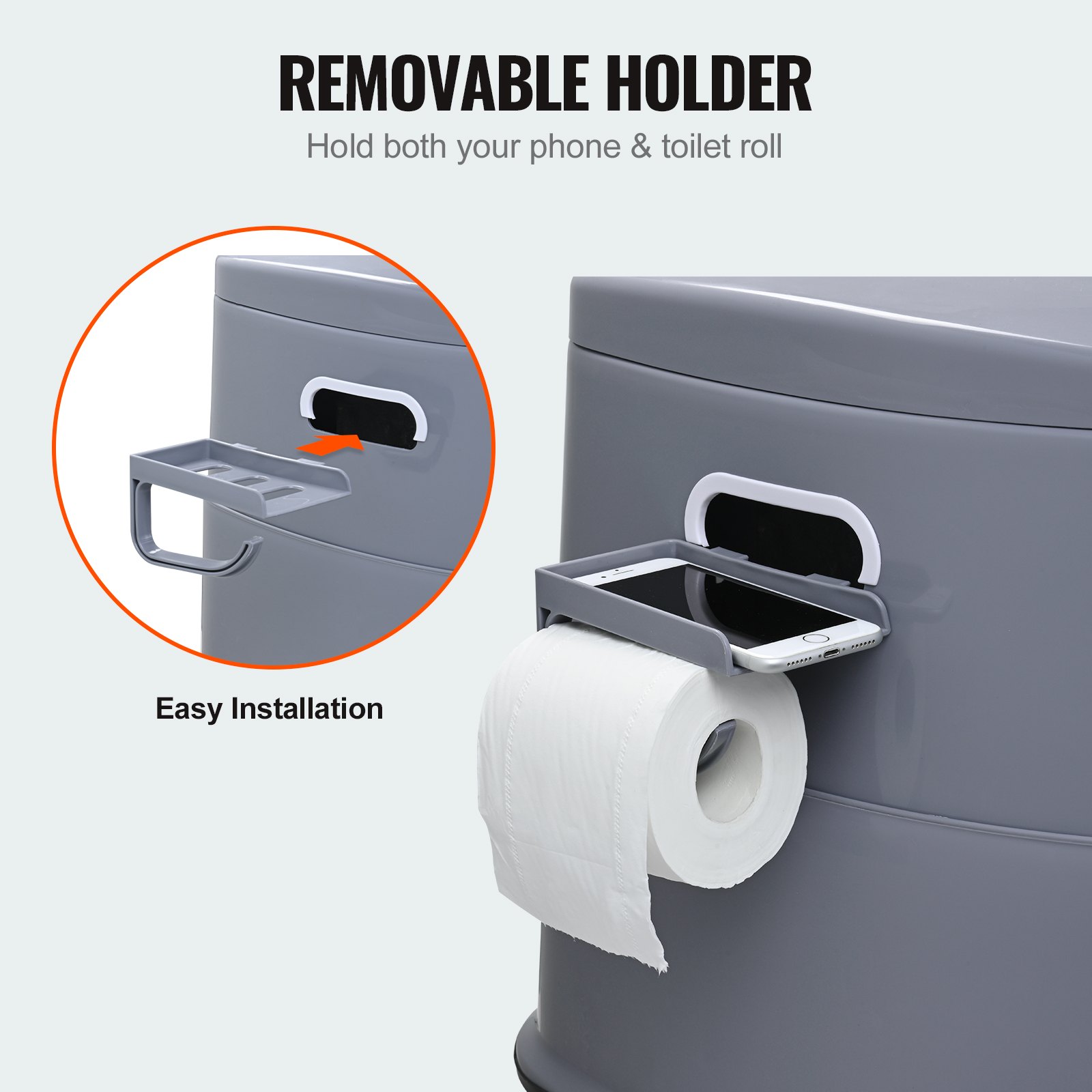 Inodoro portátil VEVOR con soporte extraíble para teléfono y rollo de papel higiénico, fácil instalación.