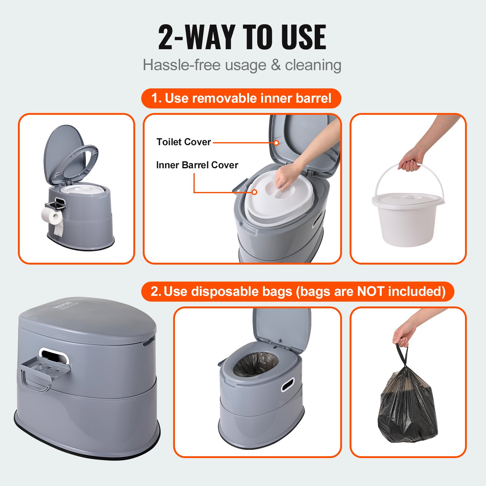 Inodoro portátil VEVOR de uso versátil: barril interior extraíble o bolsas desechables para una fácil limpieza.