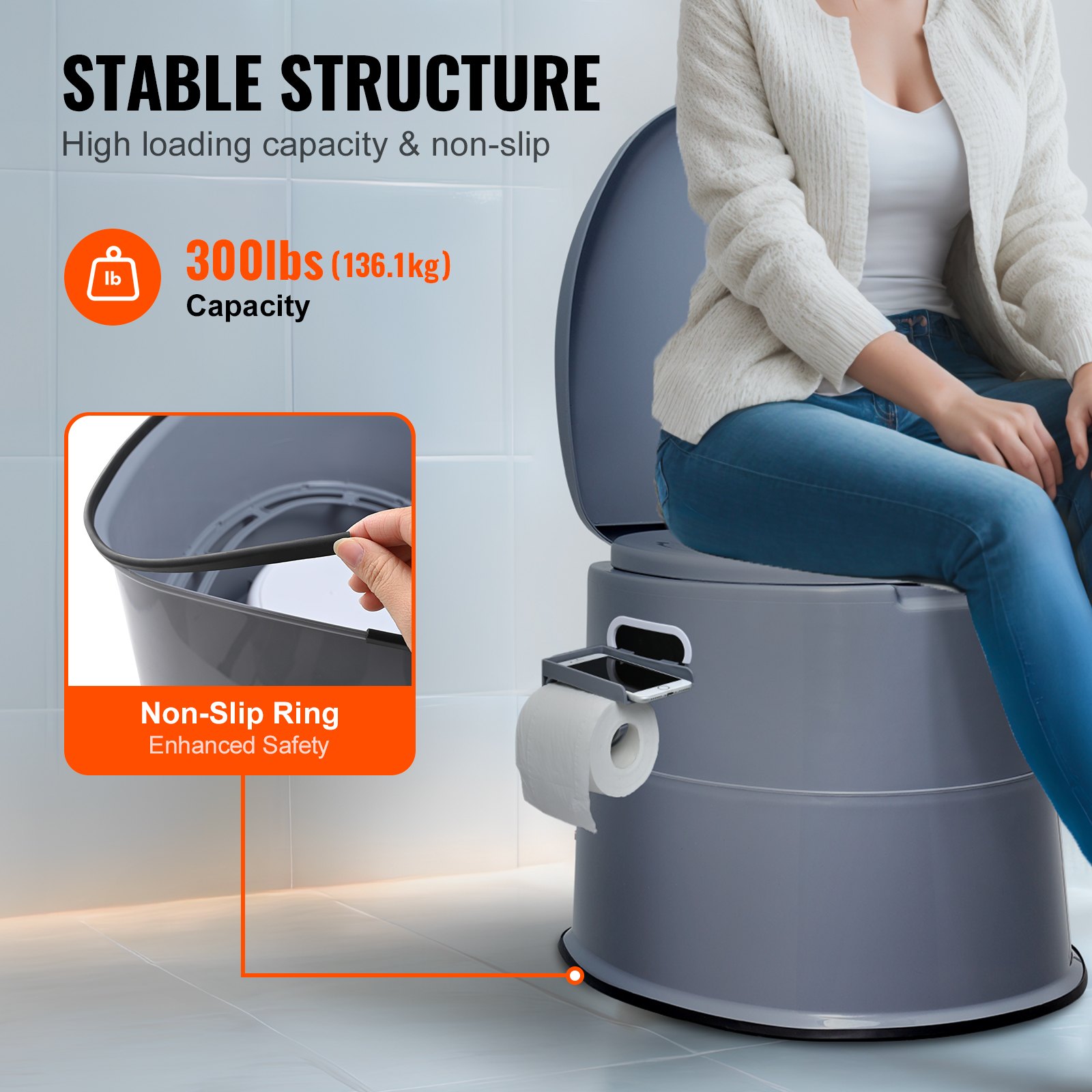 Inodoro portátil VEVOR con capacidad de 300 libras, anillo antideslizante para mayor seguridad y soporte para papel higiénico incorporado.
