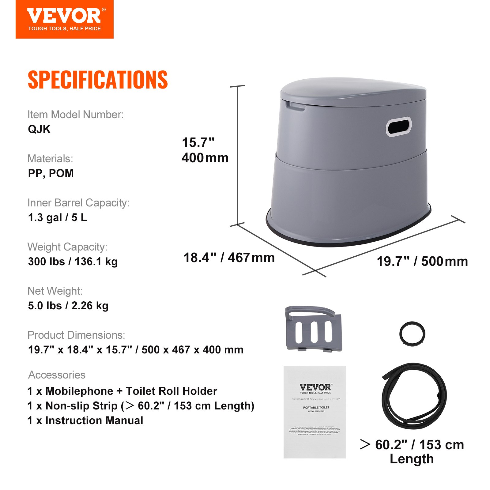 Especificaciones del inodoro portátil VEVOR: capacidad de 300 libras, barril interior de 5 l, altura de 15,7&quot;/400 mm.