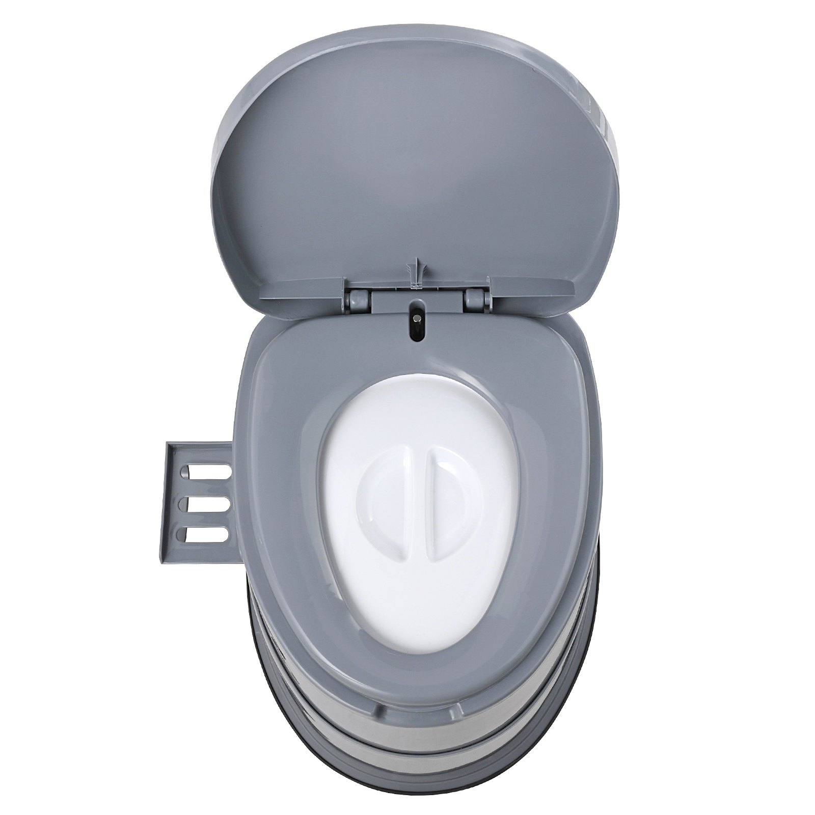 Inodoro portátil VEVOR con tapa gris, asiento blanco y asa lateral, mostrado desde la vista superior.