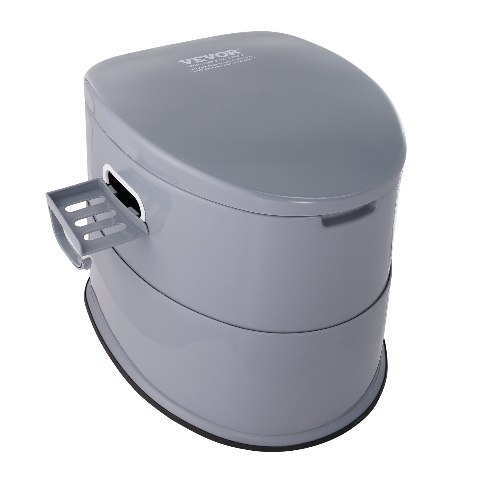 Inodoro portátil VEVOR gris con compartimento lateral extraíble y diseño minimalista.