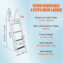 VEVOR Escalera de muelle, 4 escalones extraíbles, capacidad de carga de 350 libras, escalera de pontón de aleación de aluminio con escalón de 4 pulgadas de ancho y alfombrilla de goma antideslizante,