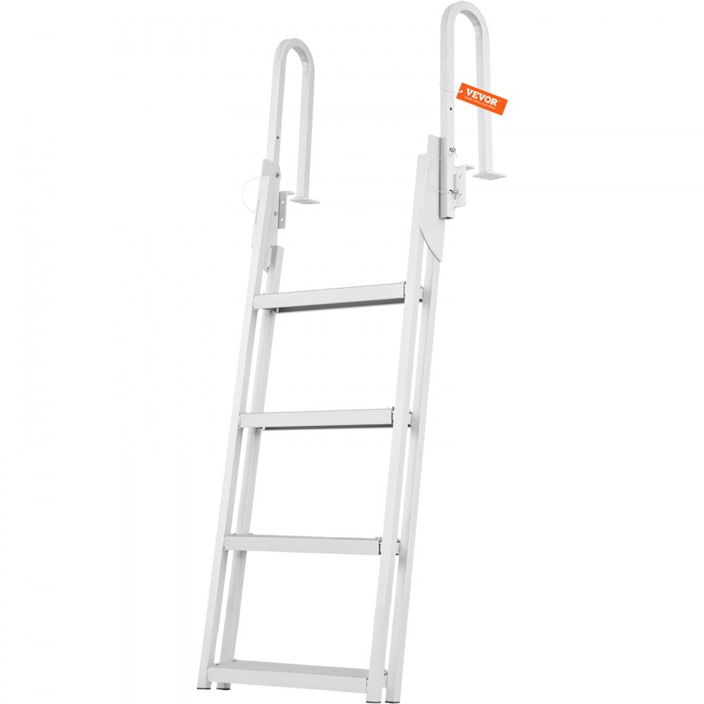 Escalera de muelle VEVOR blanca con cuatro peldaños y pasamanos curvados, ideal para acceder a embarcaciones.