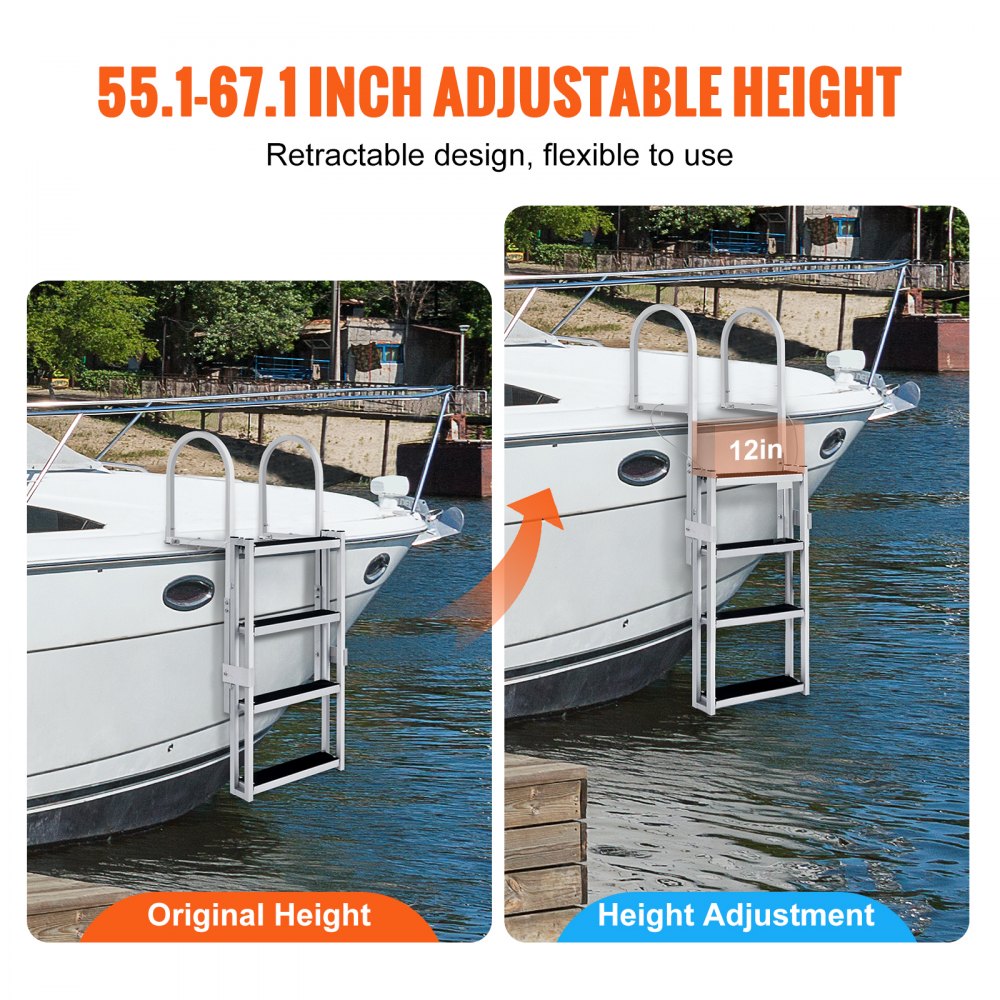 VEVOR Escalera de muelle, retráctil de 4 escalones, capacidad de carga de 350 libras, escalera de pontón de aleación de aluminio con altura ajustable de 55.1 a 67.1 pulgadas, escalón de 4 pulgadas de