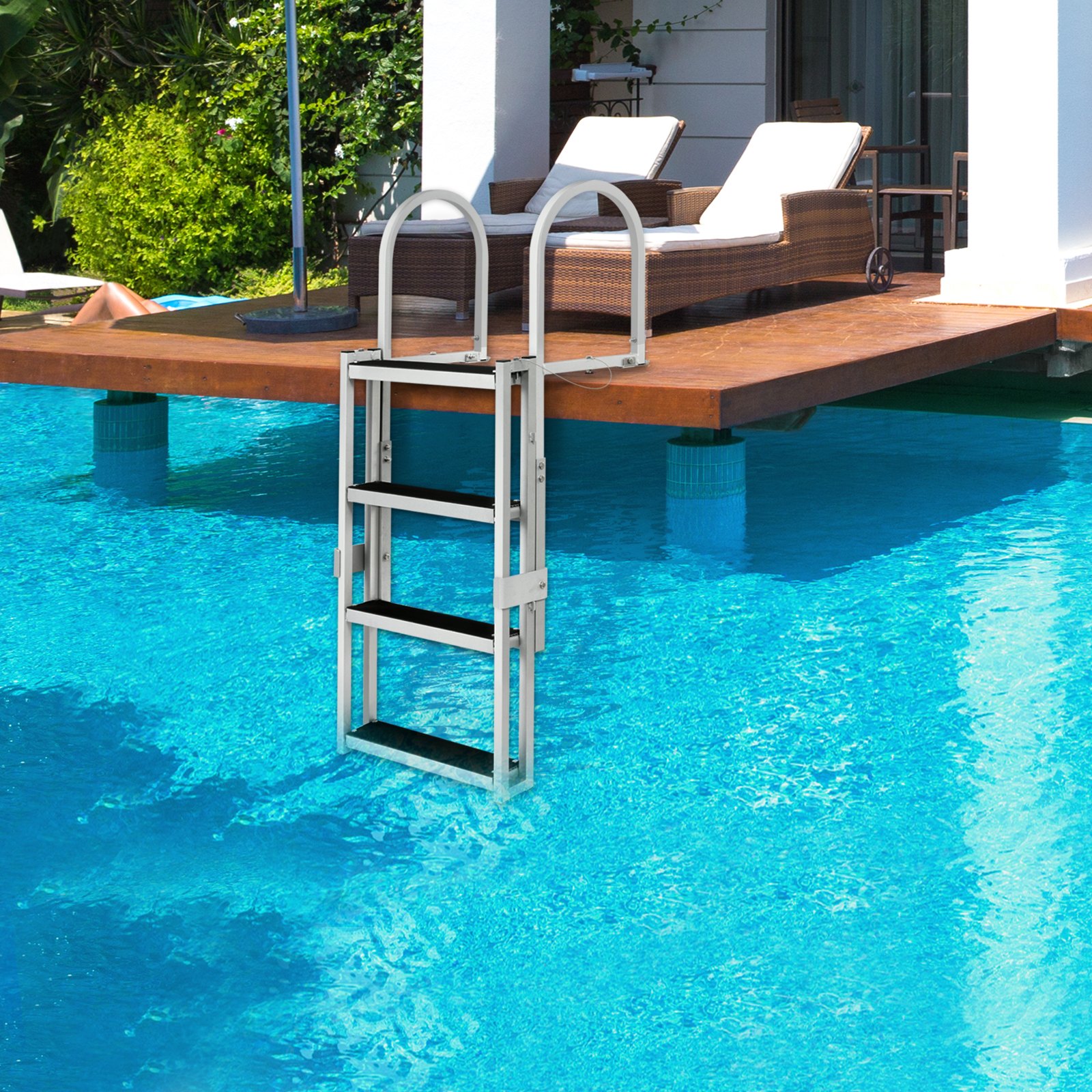 VEVOR Escalera de muelle, retráctil de 4 escalones, capacidad de carga de 350 libras, escalera de pontón de aleación de aluminio con altura ajustable de 55.1 a 67.1 pulgadas, escalón de 4 pulgadas de