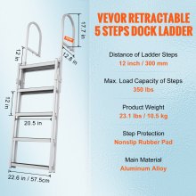 VEVOR Escalera de muelle, retráctil de 5 escalones, capacidad de carga de 350 libras, escalera de pontón de aleación de aluminio con altura ajustable de 66.9 a 78.9 pulgadas, escalón de 4 pulgadas de
