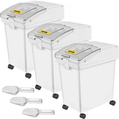 Contenedor de ingredientes VEVOR, contenedor de almacenamiento de ingredientes de capacidad de 6,6 galones, 3 piezas/juego, contenedores de harina de material PP con ruedas, contenedor de ingredientes de estante blanco con cuchara y tapa deslizante, contenedores de almacenamiento comercial