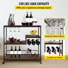 VEVOR Carrito de servicio de bar, carrito de bar industrial de 4 niveles para el hogar, carrito de bar con estante para vino y soportes para vasos, 35.4 x 15.7 x 37.4 pulgadas Bar para el hogar y carritos de servicio, carrito de vino con ruedas, carrito de bar de vidrio marrón