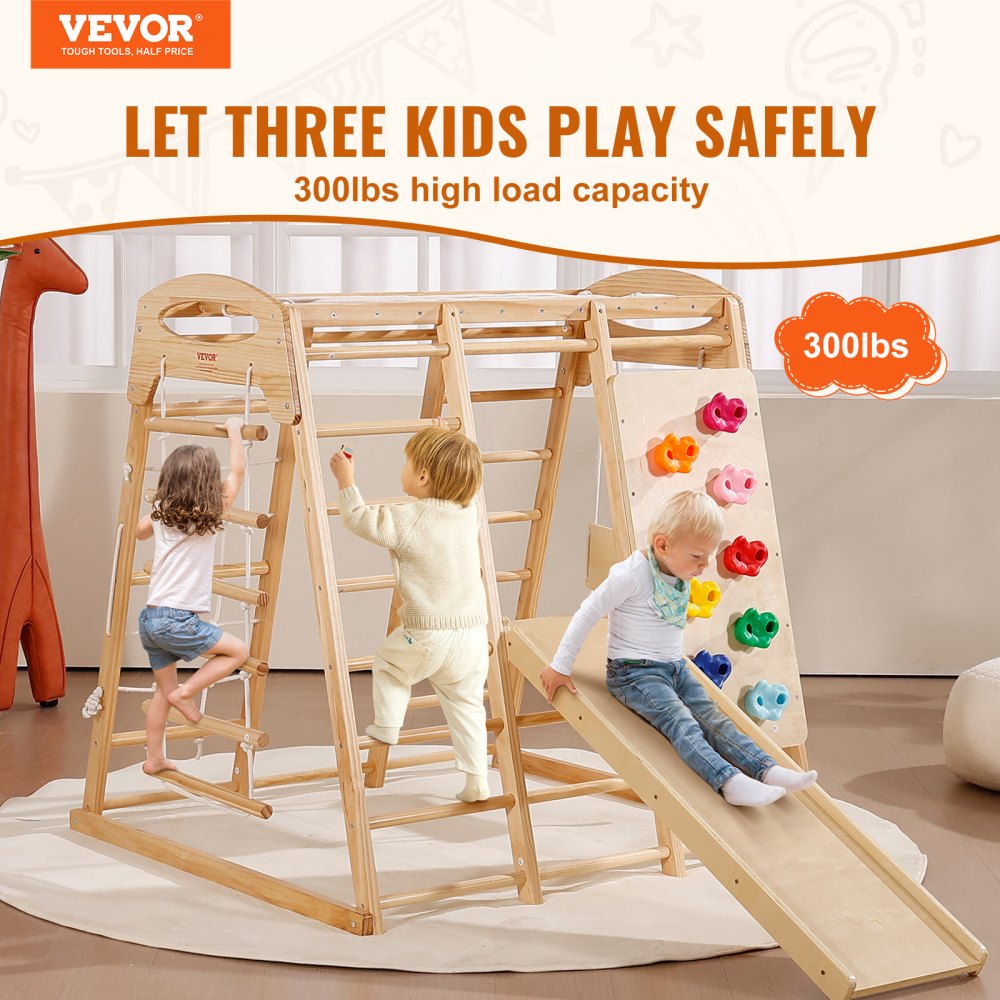 VEVOR Gimnasio de interior 7 en 1 para niños pequeños, juego de escalada de madera con escalera de madera y cuerda, escalera de red, columpio, barra de mono, tobogán y muro de escalada (120 x 147 x 142 cm)