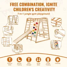 VEVOR Gimnasio de jungla interior, parque infantil interior 7 en 1, juguetes de madera para escalar para niños pequeños en interiores con escalera de madera y cuerda, escalera de red, columpio, barra de mono, tobogán, pared de escalada, 47,2 x 58 x 56 pulgadas
