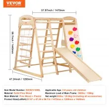VEVOR Gimnasio de jungla interior, parque infantil interior 7 en 1, juguetes de madera para escalar para niños pequeños en interiores con escalera de madera y cuerda, escalera de red, columpio, barra de mono, tobogán, pared de escalada, 47,2 x 58 x 56 pulgadas