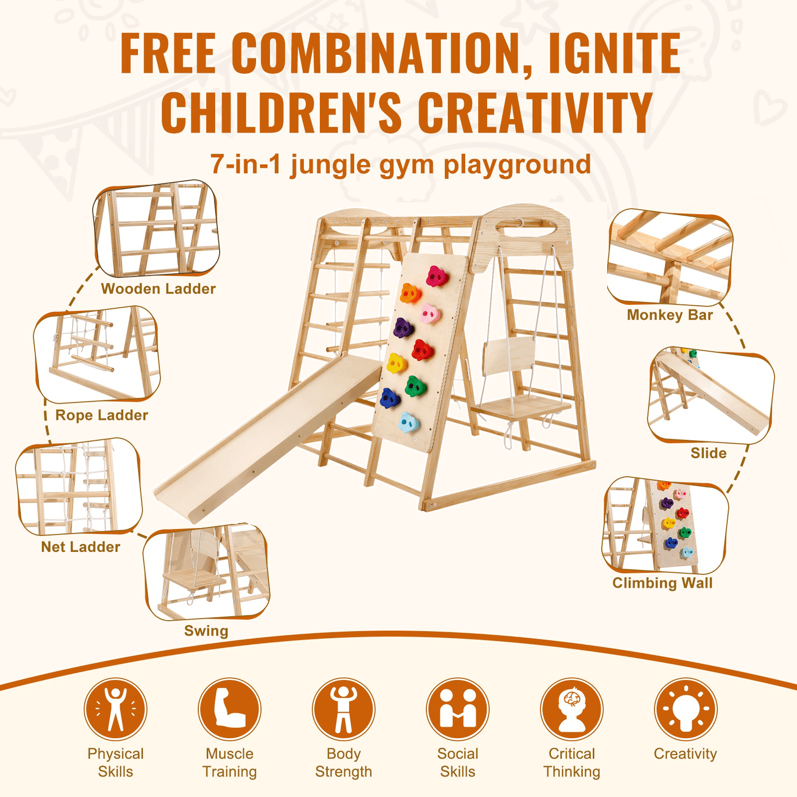 VEVOR Gimnasio de interior 7 en 1 para niños pequeños, juego de escalada de madera con escalera de madera y cuerda, escalera de red, columpio, barra de mono, tobogán y muro de escalada (120 x 147 x 142 cm)