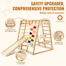 VEVOR Gimnasio de jungla interior, parque infantil interior 7 en 1, juguetes de madera para escalar para niños pequeños en interiores con escalera de madera y cuerda, escalera de red, columpio, barra de mono, tobogán, pared de escalada, 43 x 47,2 x 47 pulgadas