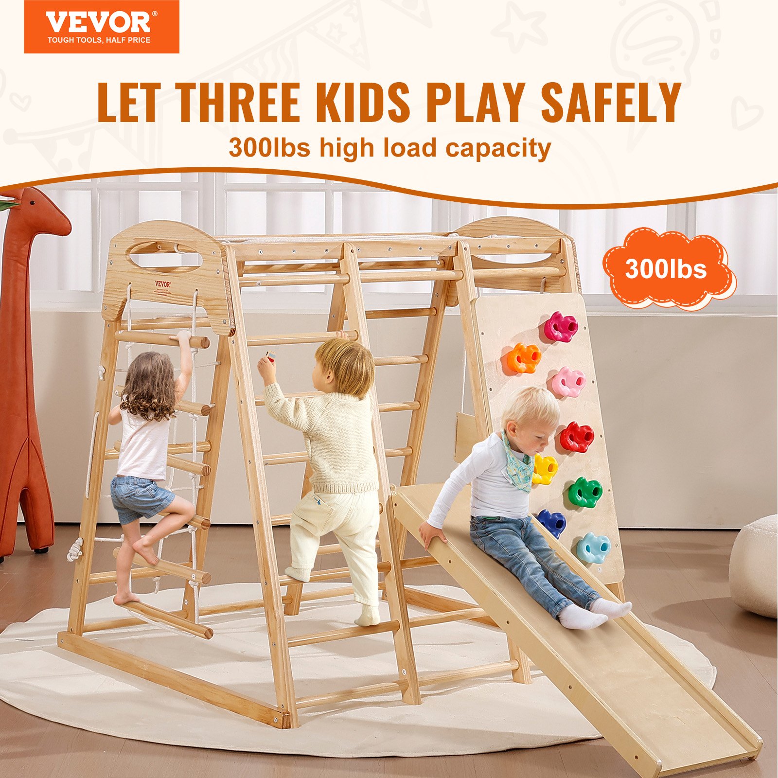 VEVOR Gimnasio de interior 7 en 1 para niños pequeños, juego de escalada de madera con escalera de madera y cuerda, escalera de red, columpio, barra de mono, tobogán y muro de escalada (109 x 120 x 120 cm)