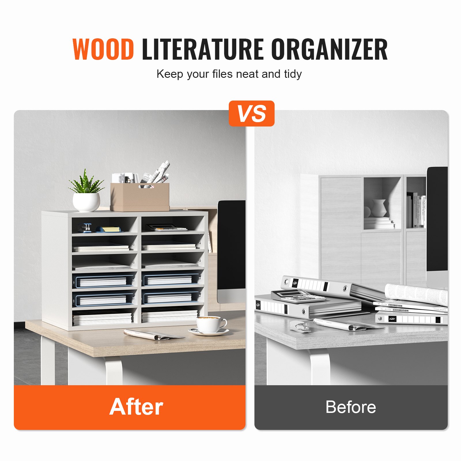 Organizadores de literatura VEVOR que muestran una configuración de escritorio ordenada versus un escritorio desordenado sin organizador.