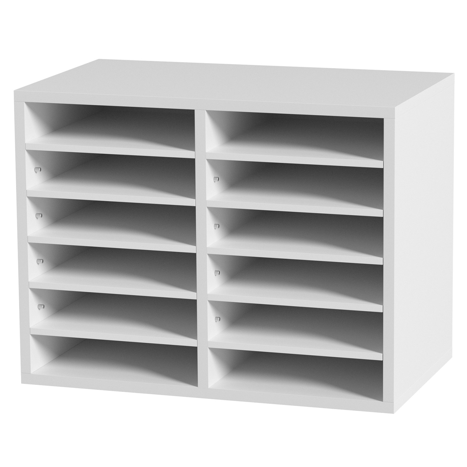 Organizadores de literatura VEVOR blancos con nueve estantes, ideales para clasificar documentos y material de oficina.
