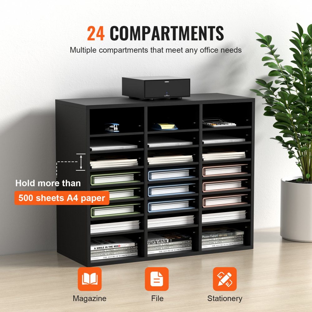 VEVOR Organizador de literatura de madera, 24 compartimentos, clasificador de archivos con estantes extraíbles, ranura para buzones para oficina, hogar, aula, organización de salas de correo, certificado EPA, negro