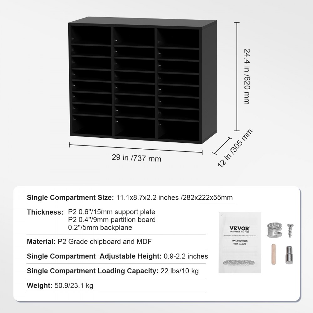 VEVOR Organizador de literatura de madera, 24 compartimentos, clasificador de archivos con estantes extraíbles, ranura para buzones para oficina, hogar, aula, organización de salas de correo, certificado EPA, negro