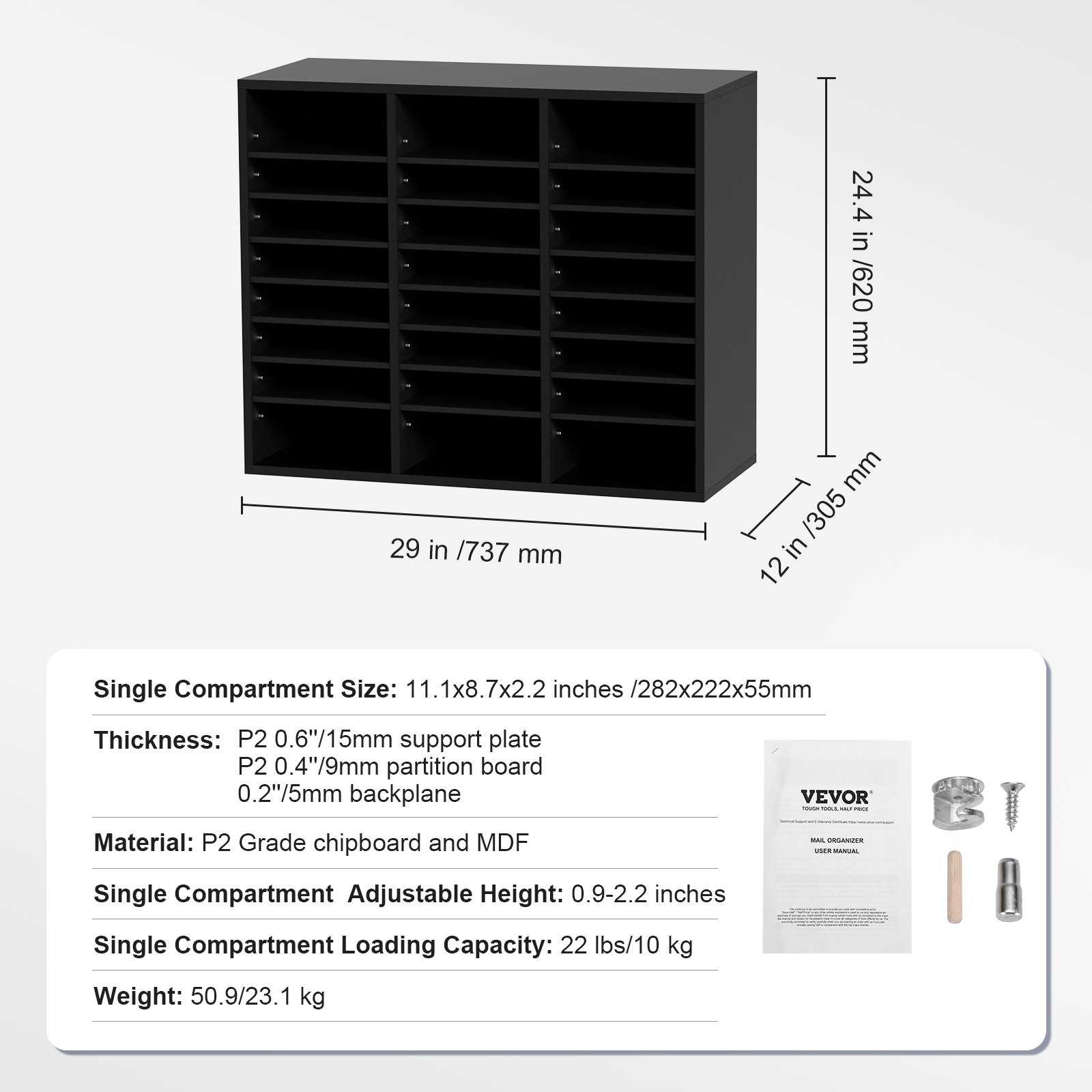 VEVOR Organizador de literatura de madera, 24 compartimentos, clasificador de archivos con estantes extraíbles, ranura para buzones para oficina, hogar, aula, organización de salas de correo, certificado EPA, negro