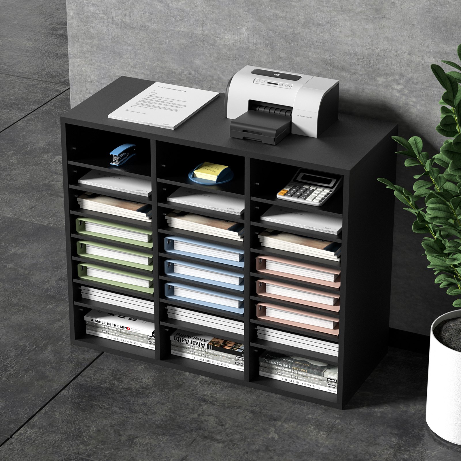 VEVOR Organizador de literatura de madera, 24 compartimentos, clasificador de archivos con estantes extraíbles, ranura para buzones para oficina, hogar, aula, organización de salas de correo, certificado EPA, negro