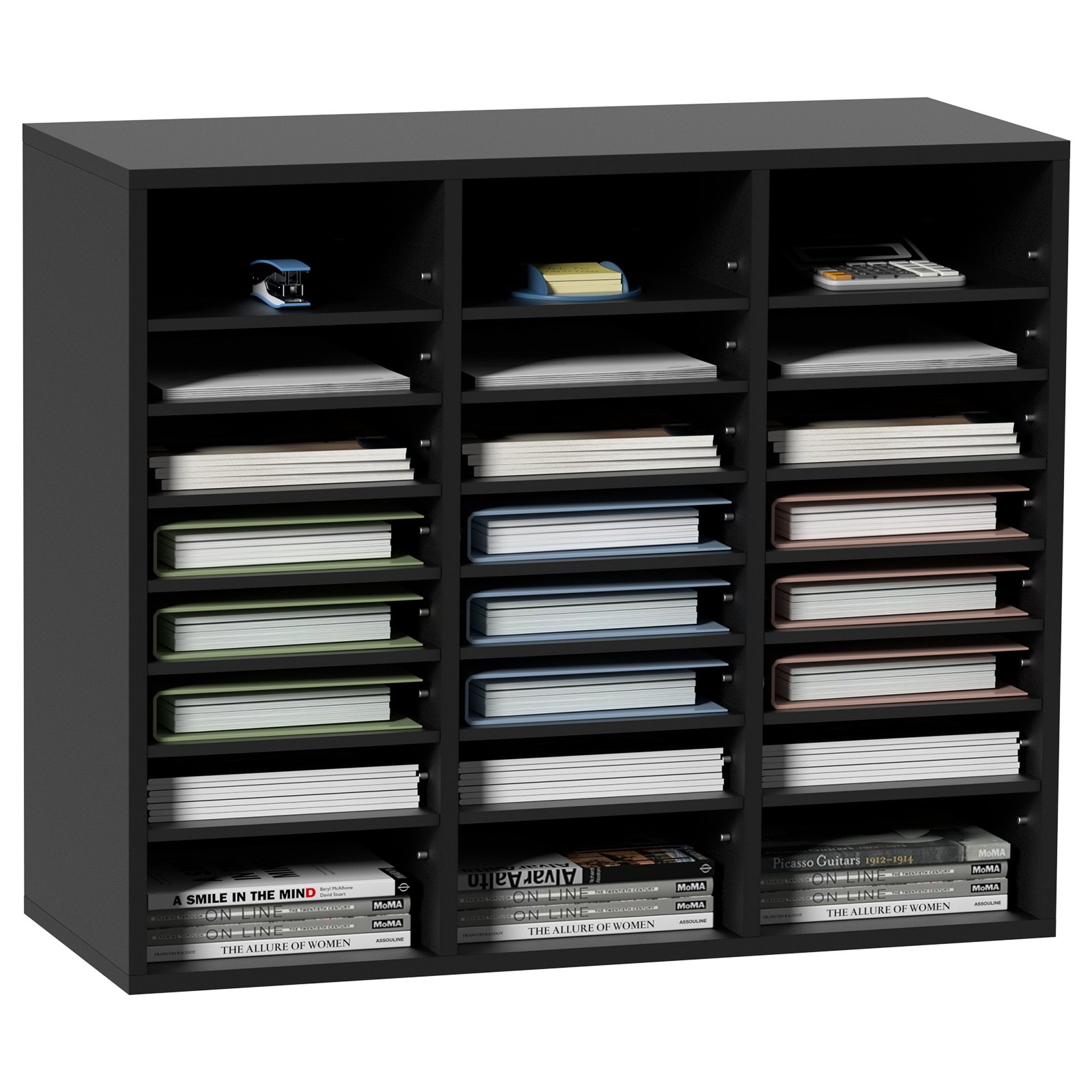 VEVOR Organizador de literatura de madera, 24 compartimentos, clasificador de archivos con estantes extraíbles, ranura para buzones para oficina, hogar, aula, organización de salas de correo, certificado EPA, negro
