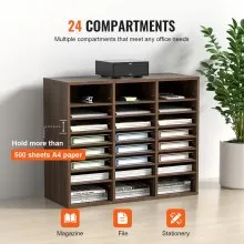 Organizadores de literatura VEVOR, buzón de oficina de 24 compartimentos con estantes ajustables, clasificador de literatura de madera de 29 x 12 x 24,4 pulgadas para oficina, hogar, aula, organización de salas de correo, certificado EPA, marrón